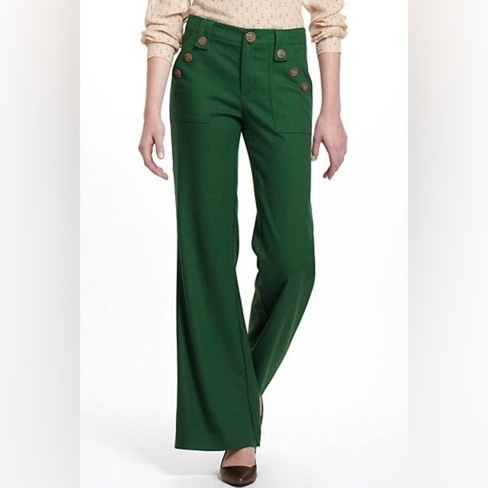 Anthropologie Corey Lynn Calter Women's 0 Green Wide Leg Sailor Button Trousers.